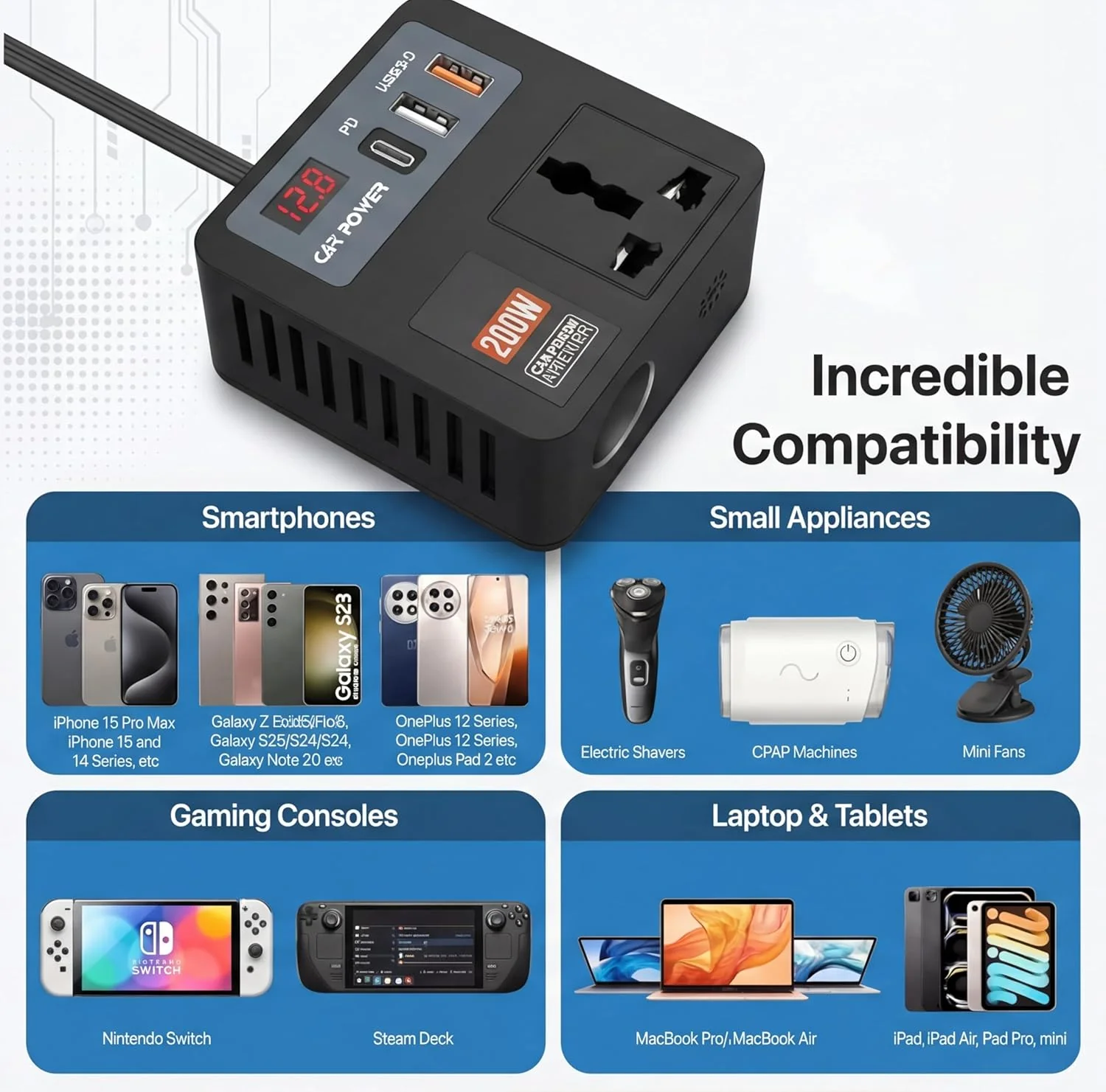 200W Car Power Inverter 12V DC to 220V AC Converter with 2 AC Universal Outlets, 30W PD USB-C, Dual USB QC 3.0 (18W+15W), Fast Car Charger for Laptop, Mobile & Electronic Devices - Image 3