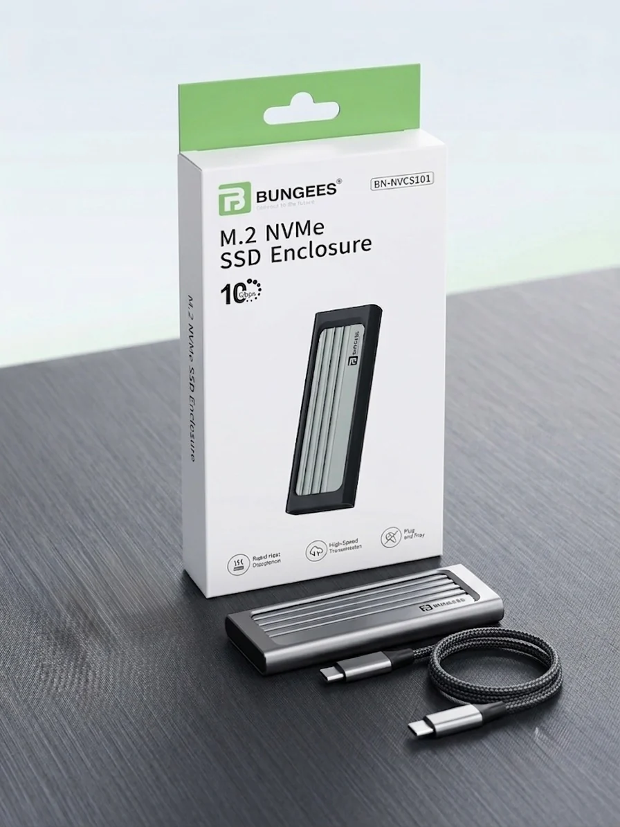 Bungees M.2 NVMe Enclosure, 10Gbps Aluminum External Hard Drive Case for NVMe PCIe M-Key (M+B Key) in Size 2280 2260 2242 2230 SSDs, Includes Dual Cable (USB TO C / C TO C), UASP Trim, Tool-Free (SSD not Included) - Image 3