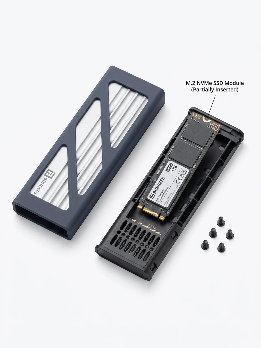 Bungees M.2 NVMe Enclosure, 10Gbps Aluminum External Hard Drive Case for NVMe PCIe M-Key (M+B Key) in Size 2280 2260 2242 2230 SSDs, Includes Dual Cable (USB TO C / C TO C), UASP Trim, Tool-Free (SSD not Included) - Image 4