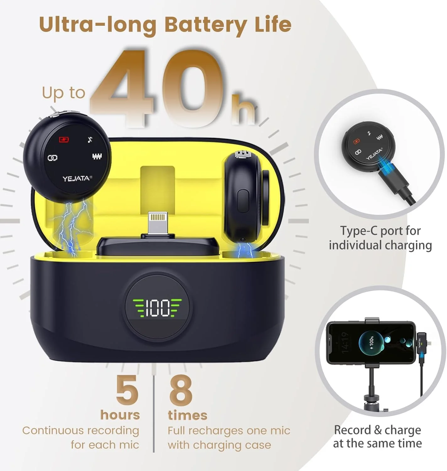 Koosda Wireless Magnetic Clip Button Microphone with ENC for YouTube | Dual Wireless Mic for iPhone & Android, 40H Battery, Noise Reduction Lavalier Mic for Video Recording, Singing, Interviews, Vlogs - Image 3