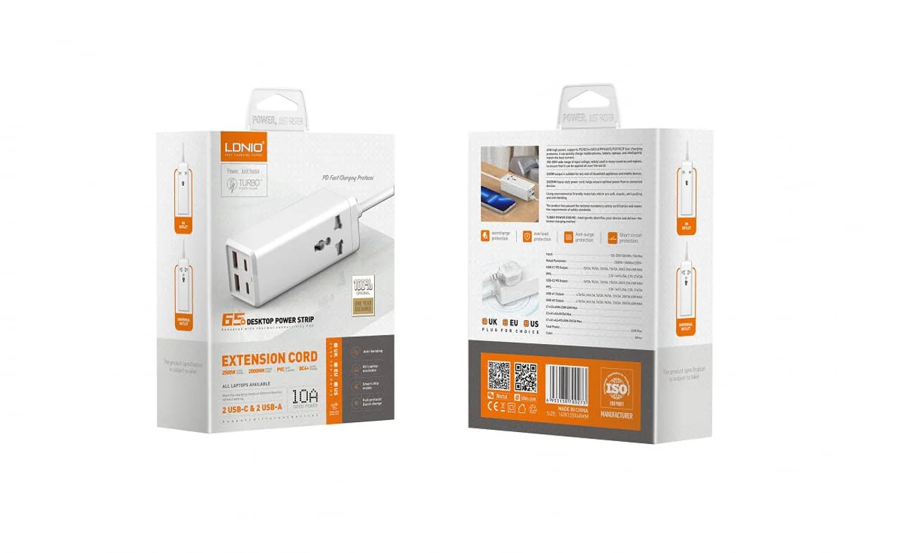LDNIO 65W Pd Adapter Multifunctional 250 Volts Charger Power Strip - Charge Your Devices Quickly With Usb Ports, Type C, And 200Cm Extension Socket. - Image 5