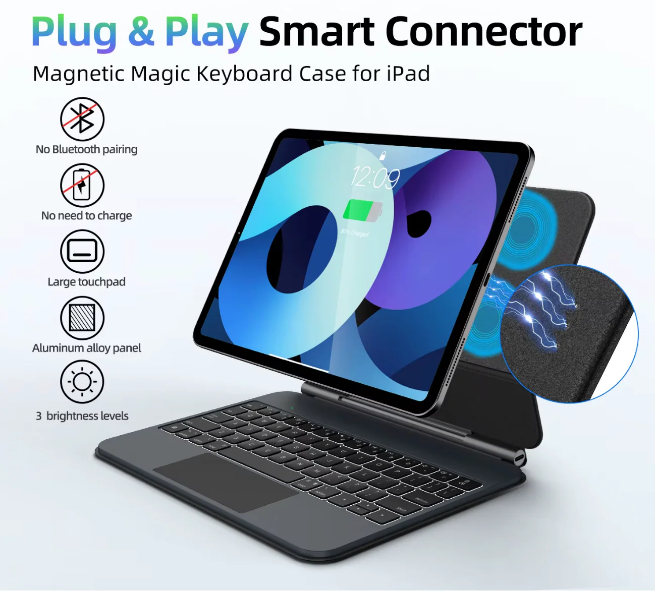 (Direct Connection) Magic Keyboard Case for iPad Air 11 (M4 2026/ M3 2025/ M2 2024), Air 5th/4th & Pro 11 (4th/3rd/2nd/1st) with Backlit & Touchpad, Floating Keyboard with Smart Pogo Pin | No Bluetooth required (NOT for 10th/A16/Pro 11 (M5/M4) - Image 3
