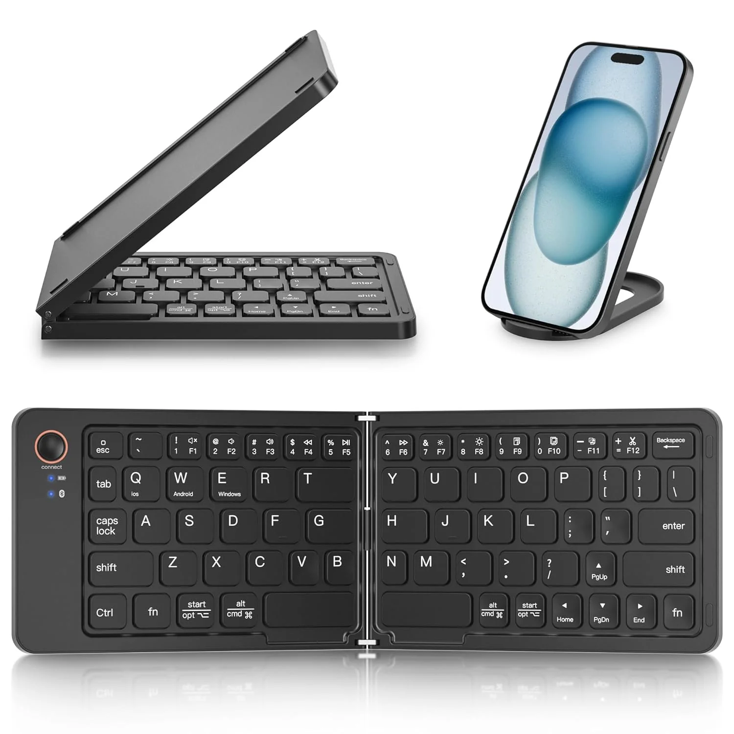 Portable Wireless Multi-Device Two Fold Foldable Keyboard with Phone Holder Bluetooth Handheld Multi-device Keyboard Compatible with Desktop, Laptop, Tablet, iPad, Mac Easy to Use,Plug and Play,Quick, Comfy Durable body (Black)