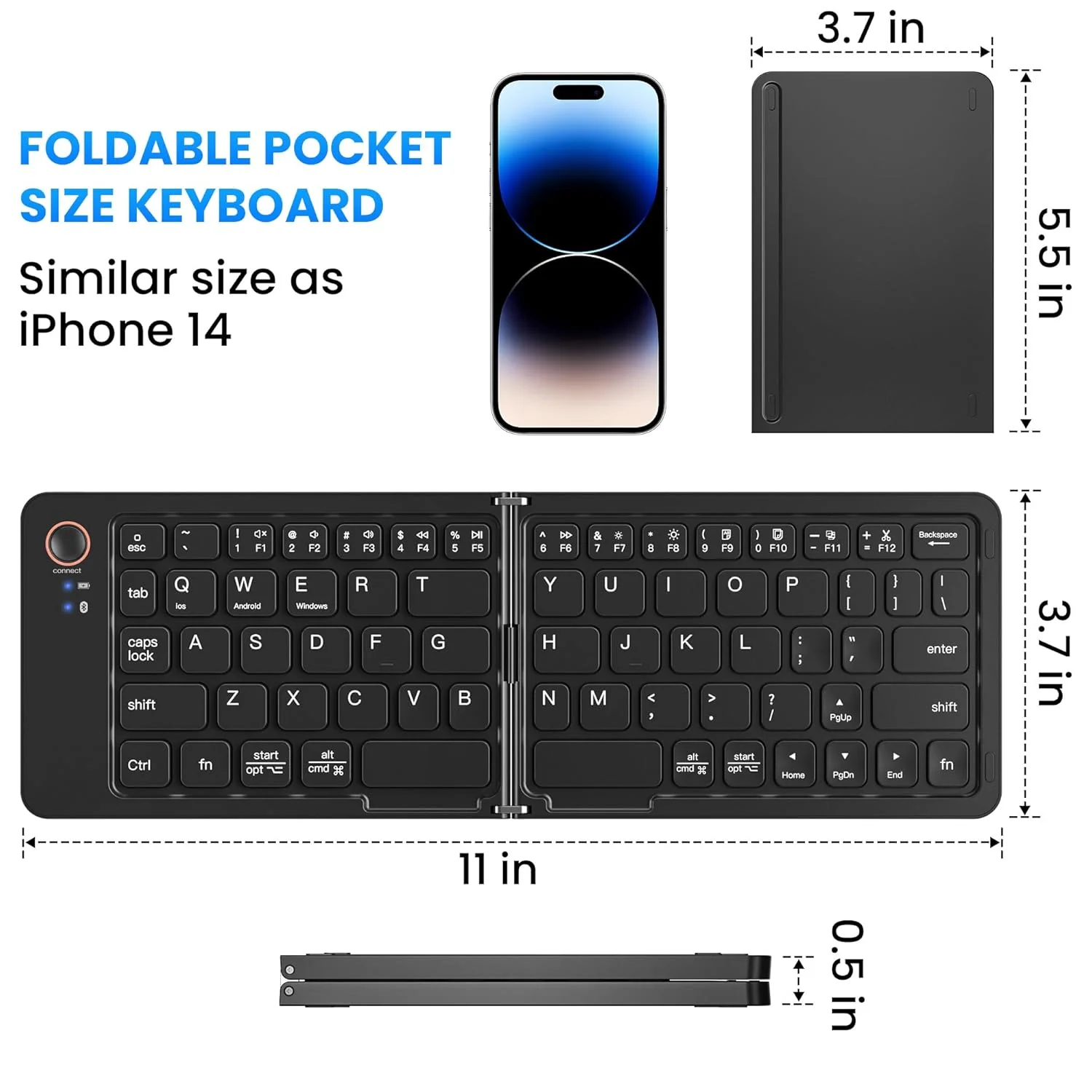 Portable Wireless Multi-Device Two Fold Foldable Keyboard with Phone Holder Bluetooth Handheld Multi-device Keyboard Compatible with Desktop, Laptop, Tablet, iPad, Mac Easy to Use,Plug and Play,Quick, Comfy Durable body (Black) - Image 2