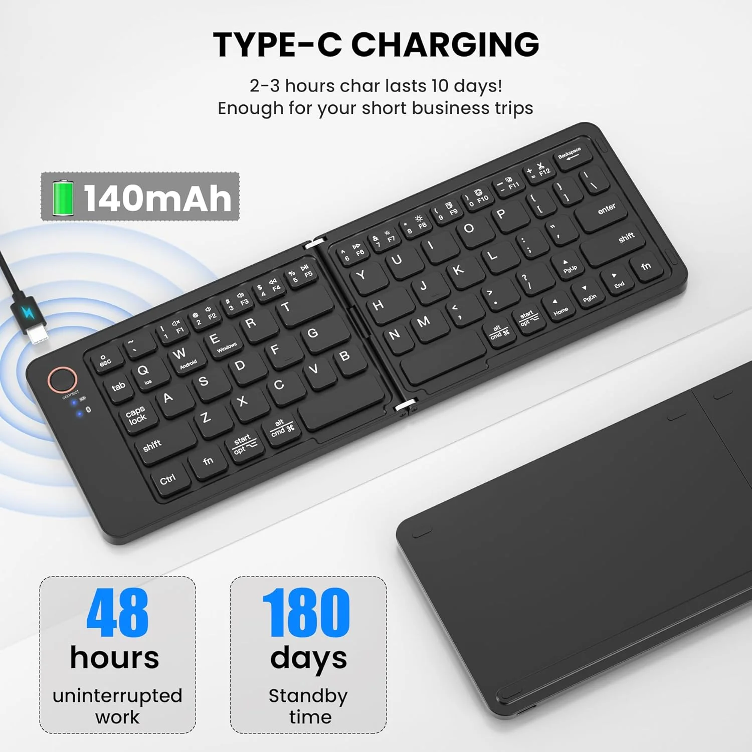 Portable Wireless Multi-Device Two Fold Foldable Keyboard with Phone Holder Bluetooth Handheld Multi-device Keyboard Compatible with Desktop, Laptop, Tablet, iPad, Mac Easy to Use,Plug and Play,Quick, Comfy Durable body (Black) - Image 3