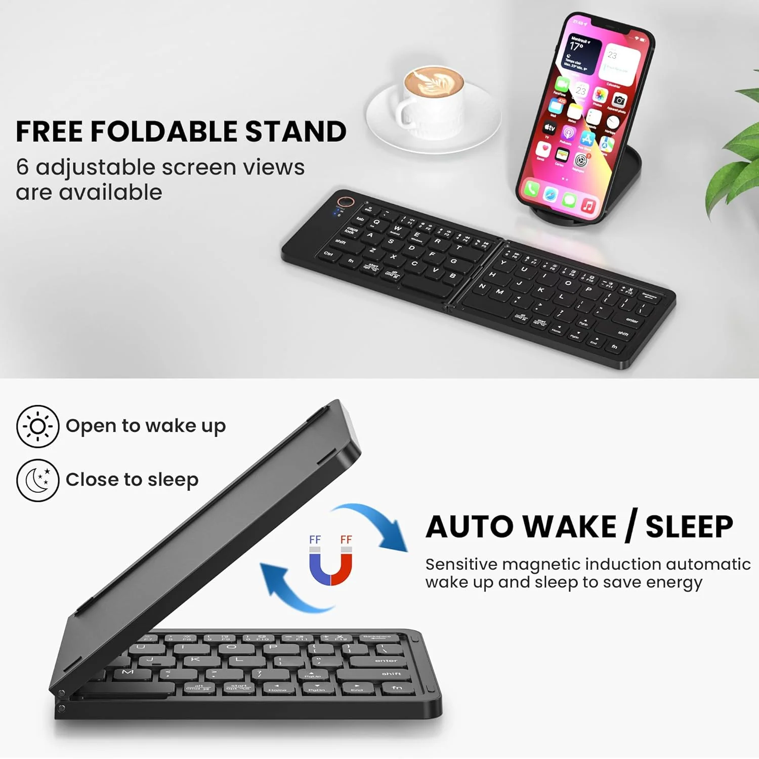 Portable Wireless Multi-Device Two Fold Foldable Keyboard with Phone Holder Bluetooth Handheld Multi-device Keyboard Compatible with Desktop, Laptop, Tablet, iPad, Mac Easy to Use,Plug and Play,Quick, Comfy Durable body (Black) - Image 4