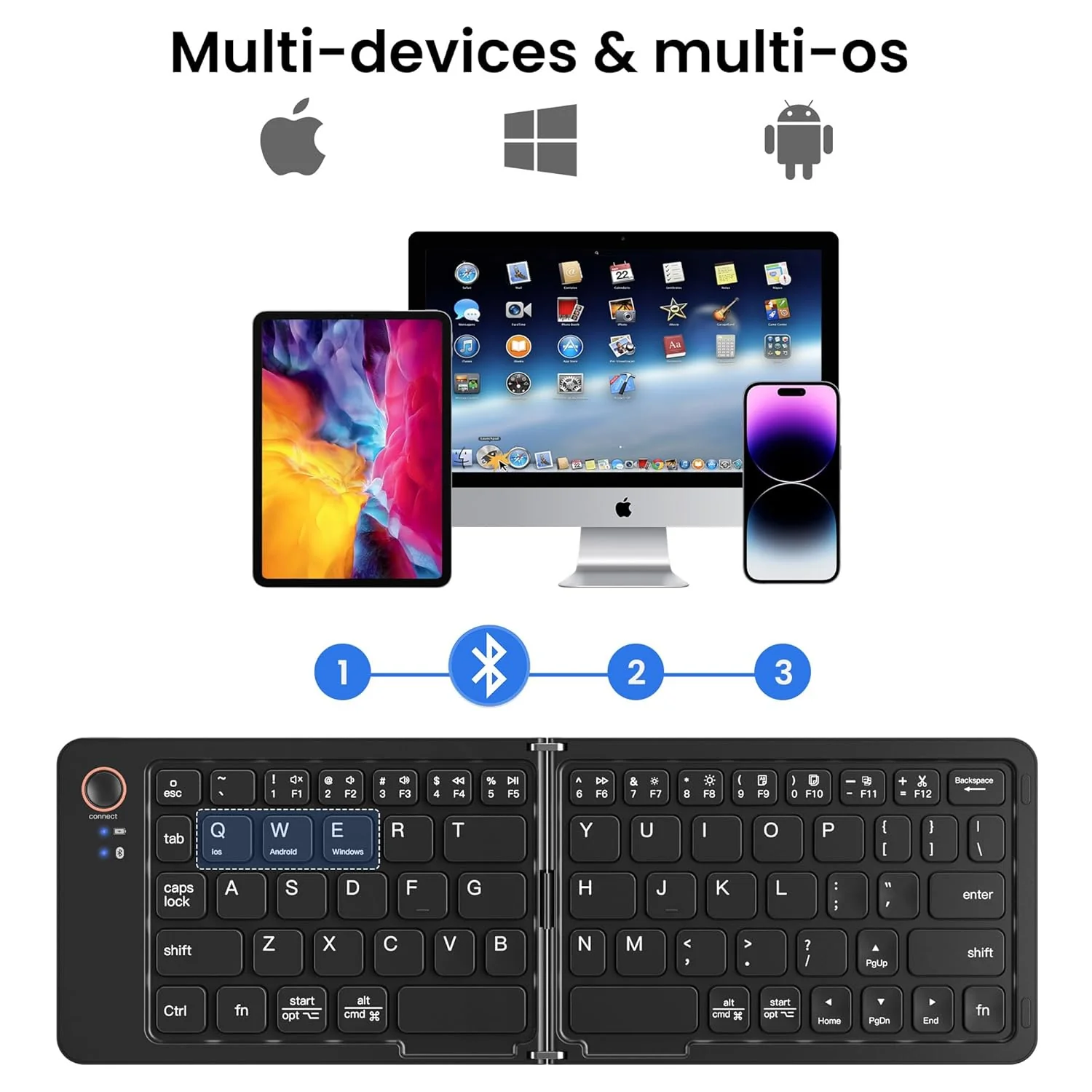 Portable Wireless Multi-Device Two Fold Foldable Keyboard with Phone Holder Bluetooth Handheld Multi-device Keyboard Compatible with Desktop, Laptop, Tablet, iPad, Mac Easy to Use,Plug and Play,Quick, Comfy Durable body (Black) - Image 5