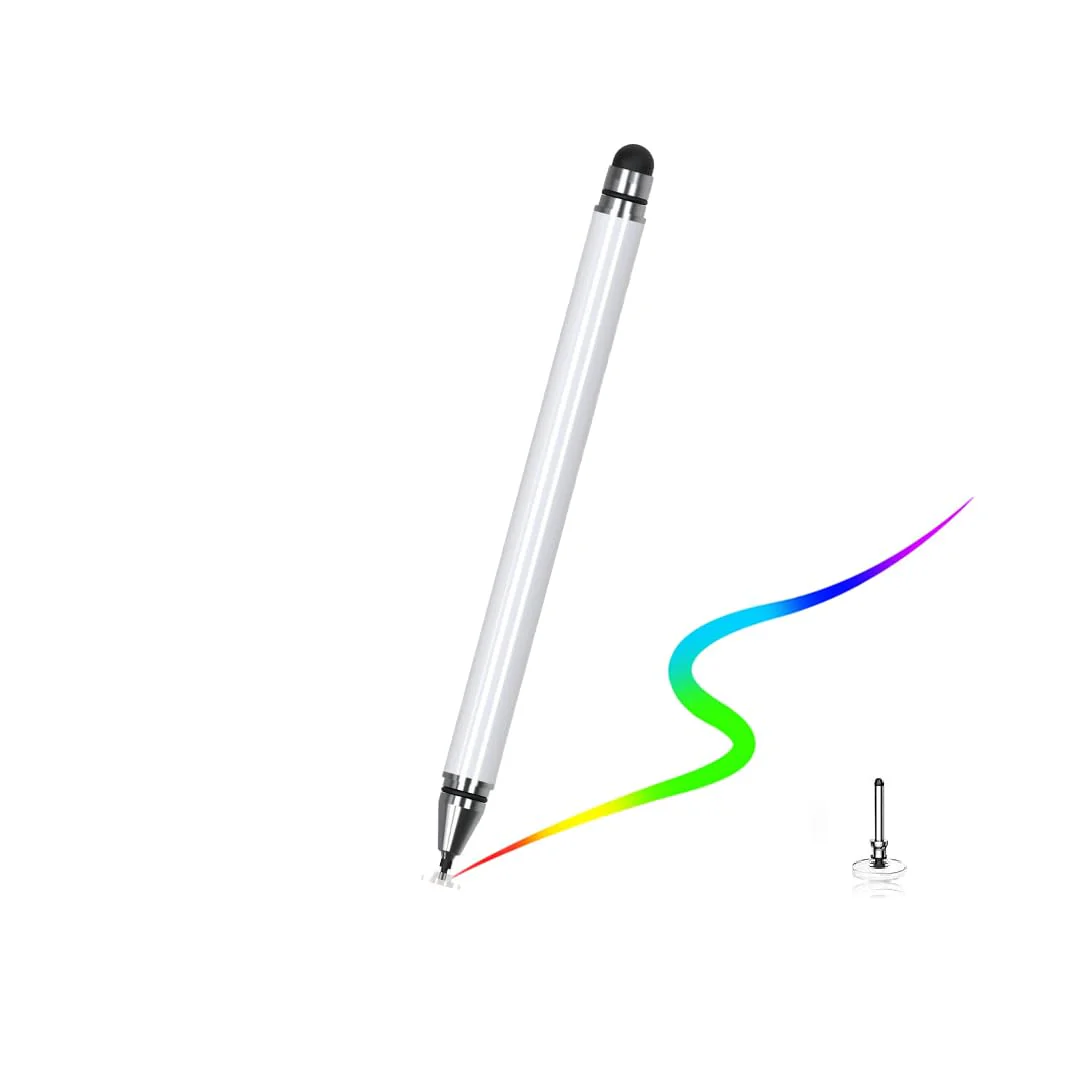 Stylus 2 In 1 High Precision Universal Capacitive Stylus Pen for Touch Screens with Pen Functionality | Lightweight Aluminum Body | Fine Point Disc Tip | Compatible for iOS, Android & Windows (White)